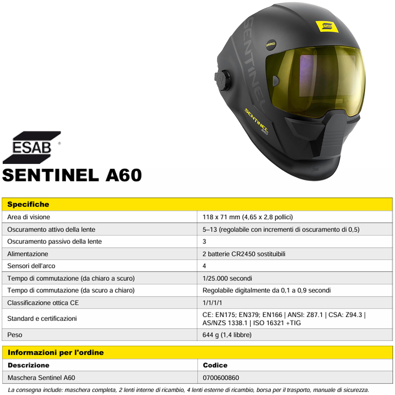 Maschera Saldatura Automatica ESAB Sentinel A60 Casco Auto Oscurante True Color DIN 3/5-13 con ADF Professionale - immagine 8
