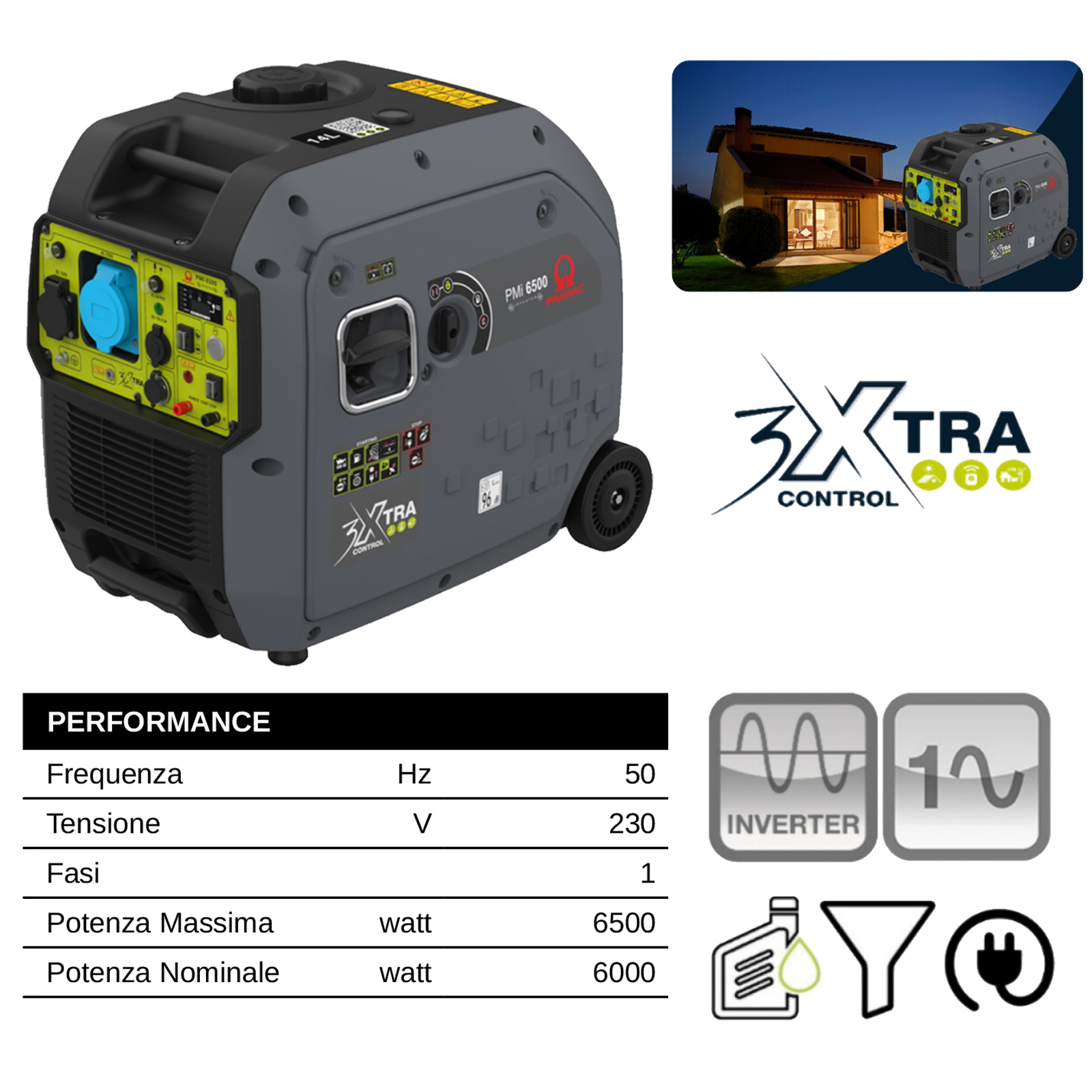 Generatore di corrente Inverter PRAMAC PMi 6500 Gruppo Elettrogeno Portatile da 6500 W Benzina con Avviamento Elettrico, ATS e Modalità Economy - immagine 2